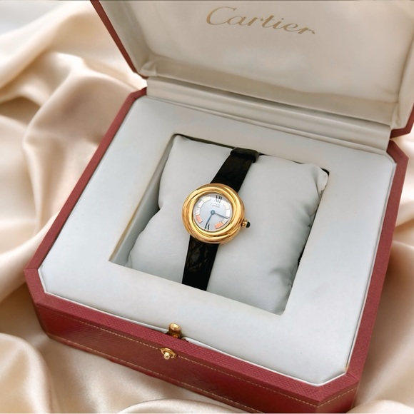 AUTHENTIC RARE VINTAGE CARTIER TRINITY WATCH - BLACK LEATHER STRAP - WITH BOX - Picture 4 of 10